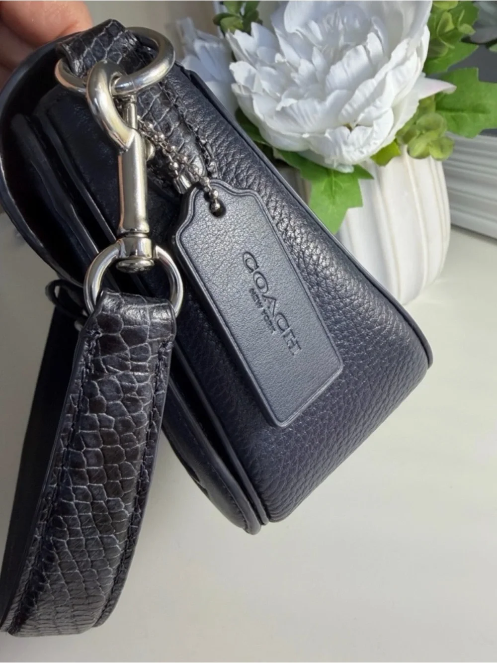 Coach Dark Blue Leather & Suede Shoulder Bag with Silver Horsebit